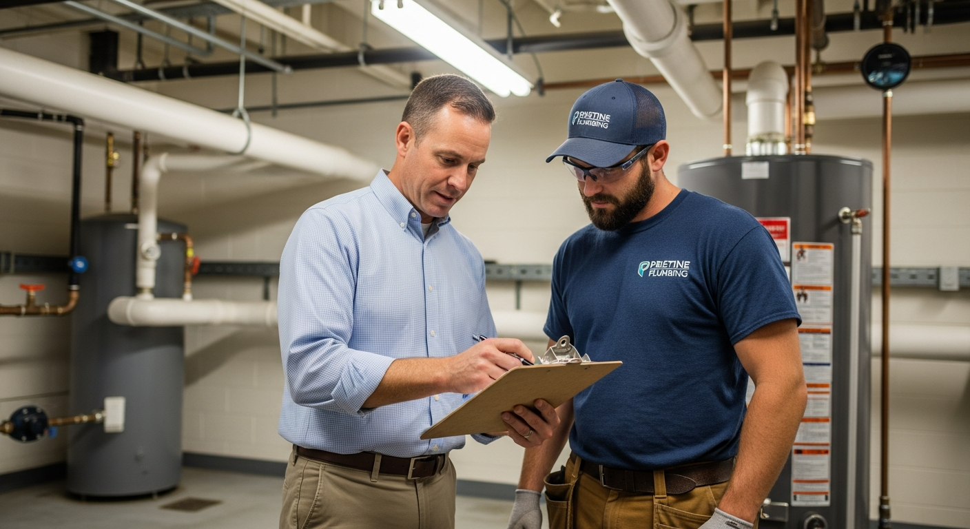 Facilities manager and plumber reviewing a maintenance checklist near commercial plumbing equipment