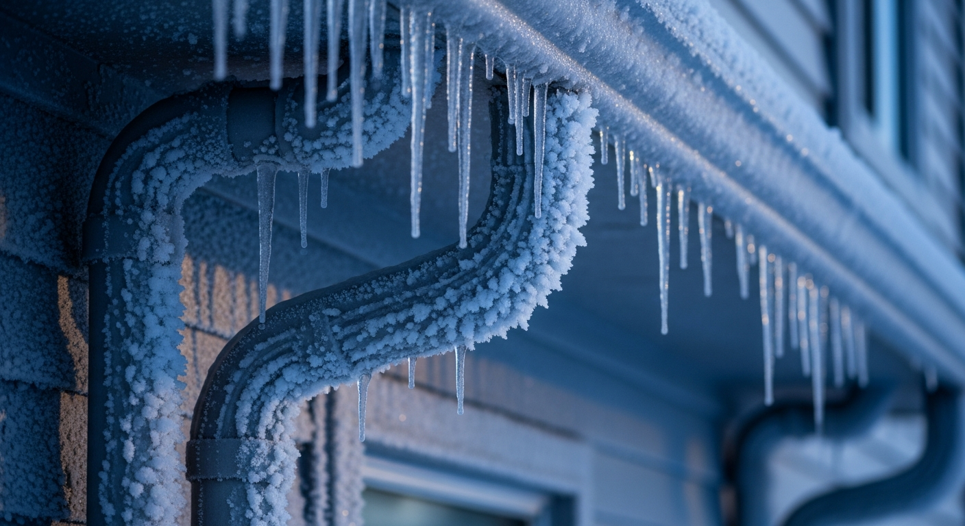 Frozen and frost-covered exterior pipes on a Houston-area home during a winter freeze