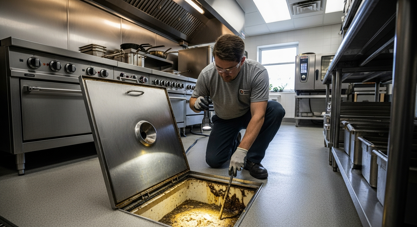 Technician inspecting a commercial kitchen grease trap in a restaurant