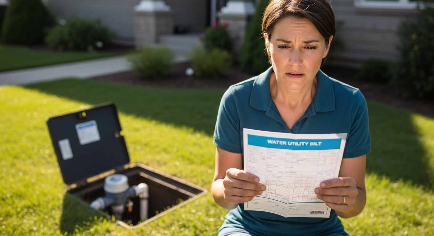 Homeowner reviewing a water utility bill next to a residential water meter