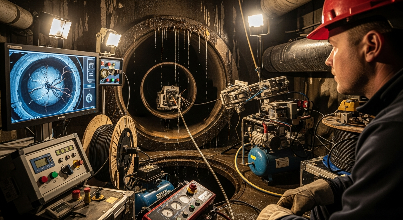 Plumber viewing a sewer camera inspection monitor next to trenchless plumbing equipment