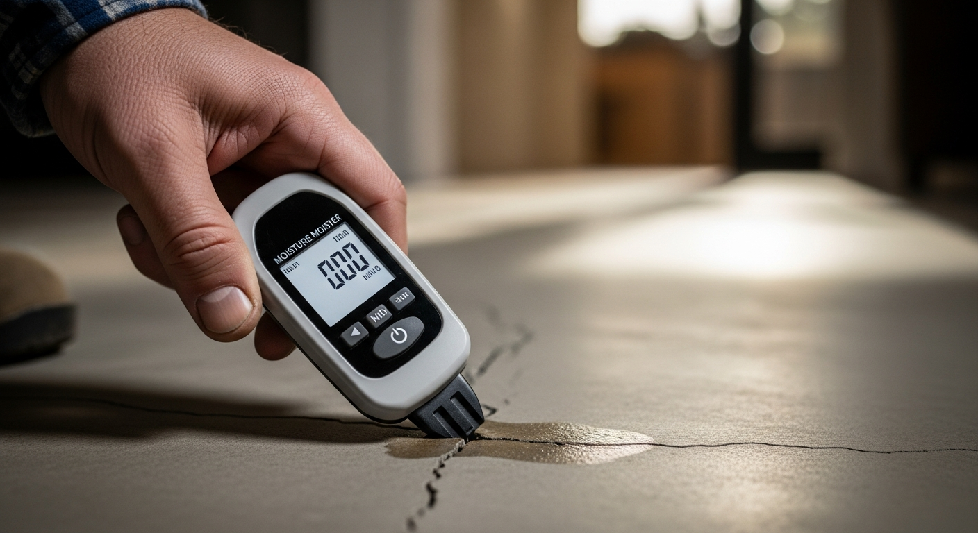 Plumber using an electronic leak detection device on a home's concrete slab floor