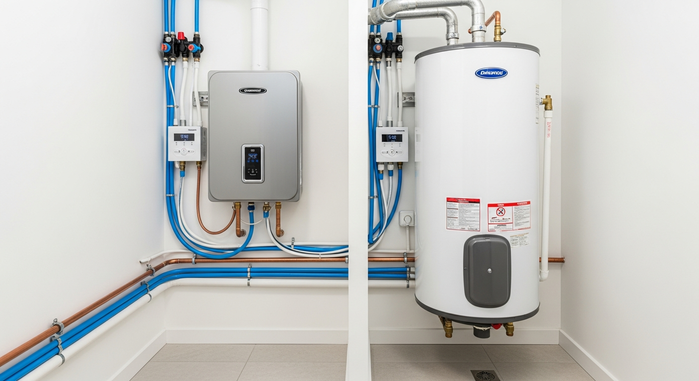 A modern tankless water heater mounted next to a traditional tank water heater